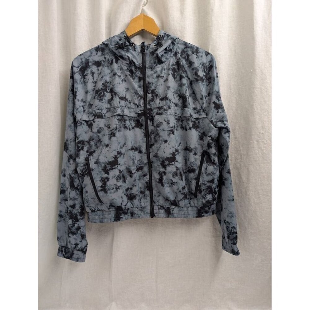 Onzie womens small black & gray zip workout jacket tie dye print soft hood A12